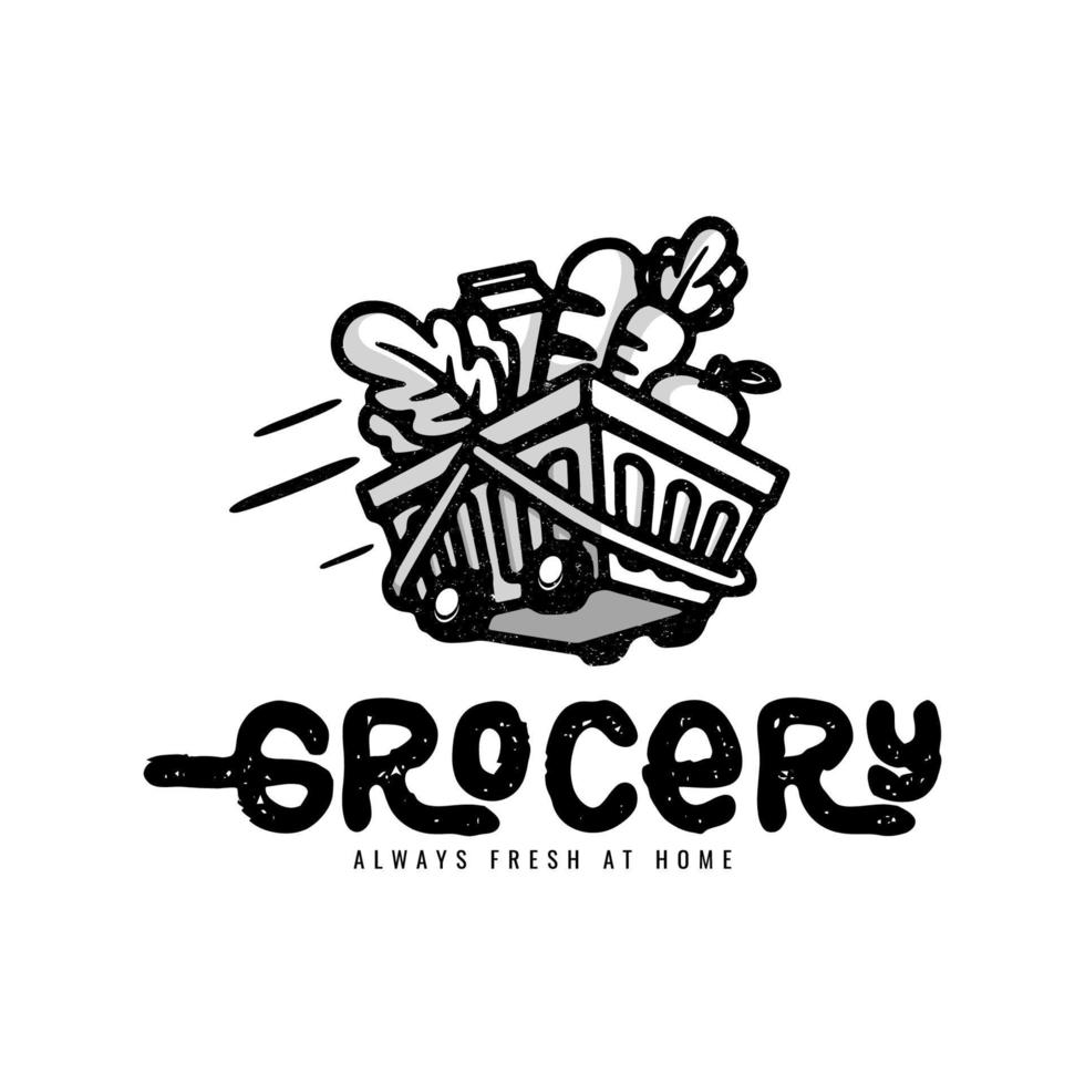 årgång logotyp, vegetabiliska i handla vagn för matvaror leverans logotyp design vektor