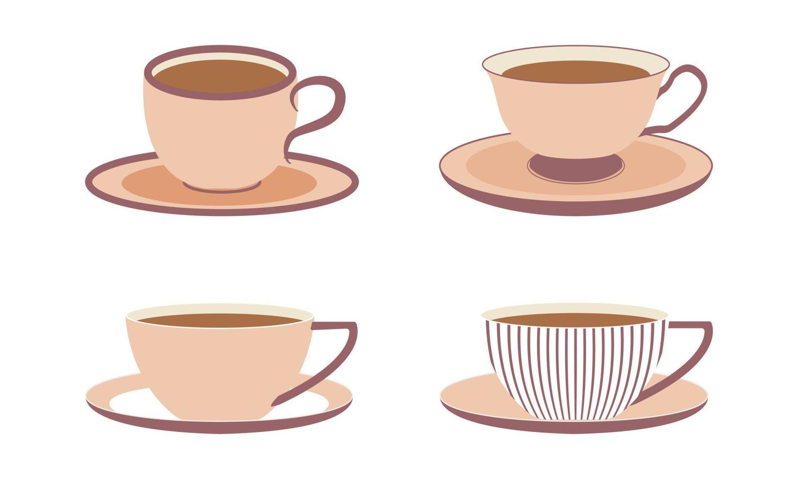uppsättning av vektor koppar för te med fat i platt stil
