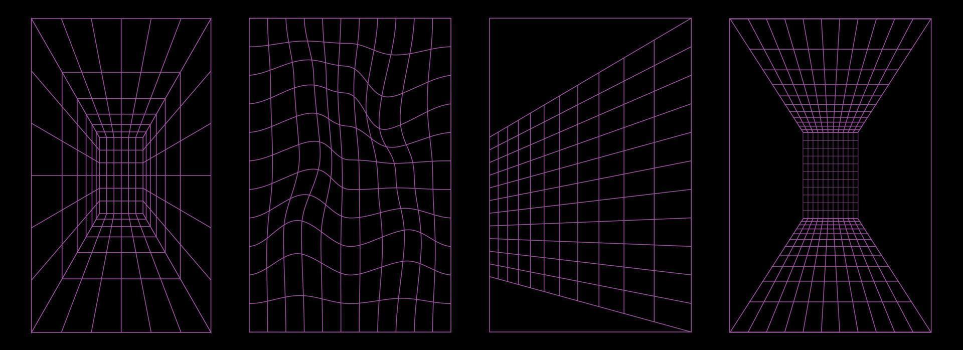 uppsättning av geometri trådmodell bakgrund former i neon lila Färg. abstrakt cyberpunk element, mönster, posters i trendig psychedelic rave y2k stil. vektor