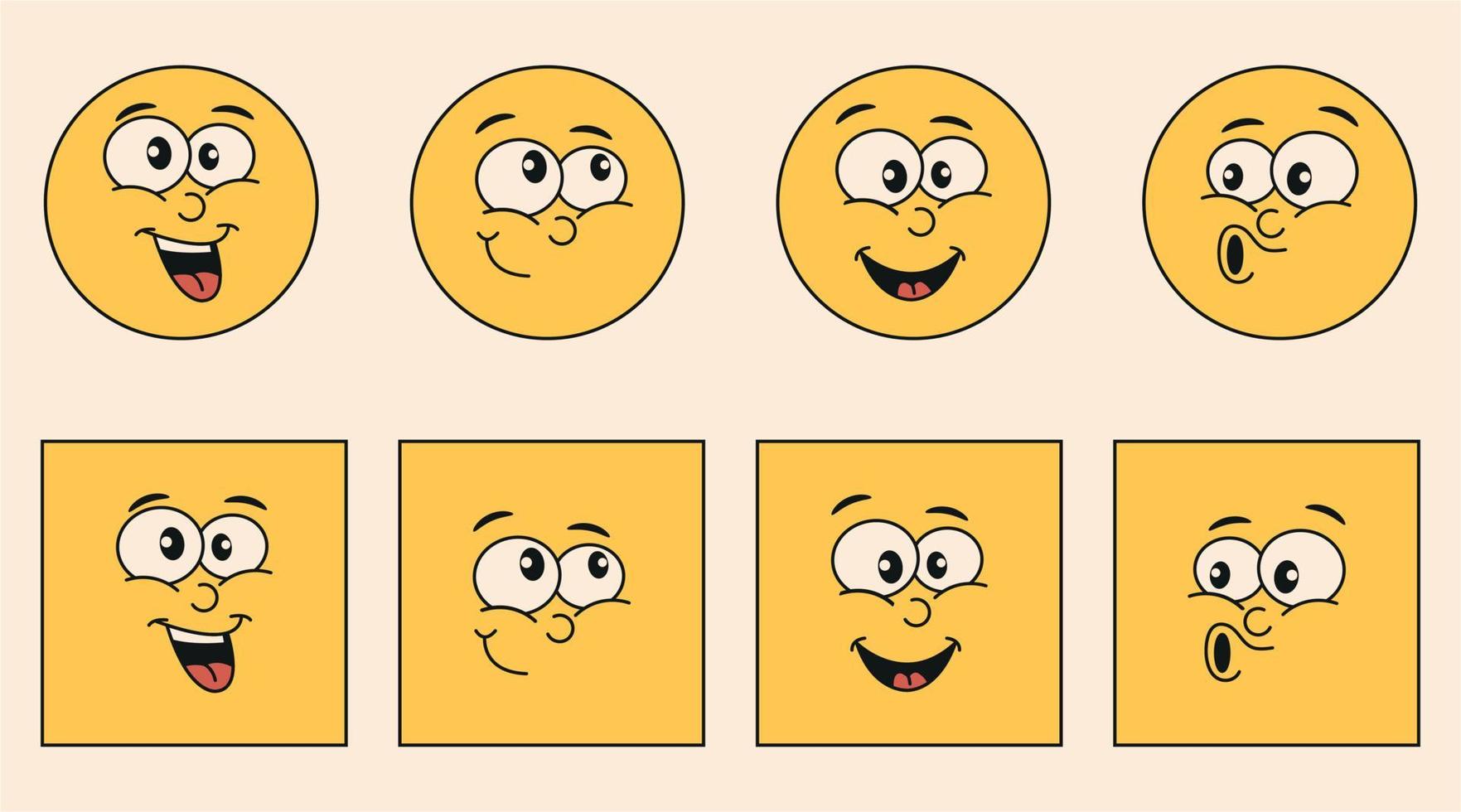häftig tecknad serie tecken. uttryckssymboler och kvadrater med ansikten och ler. uppsättning av klistermärken i trendig 60-, 70-tal retro hippie stil. vektor. vektor