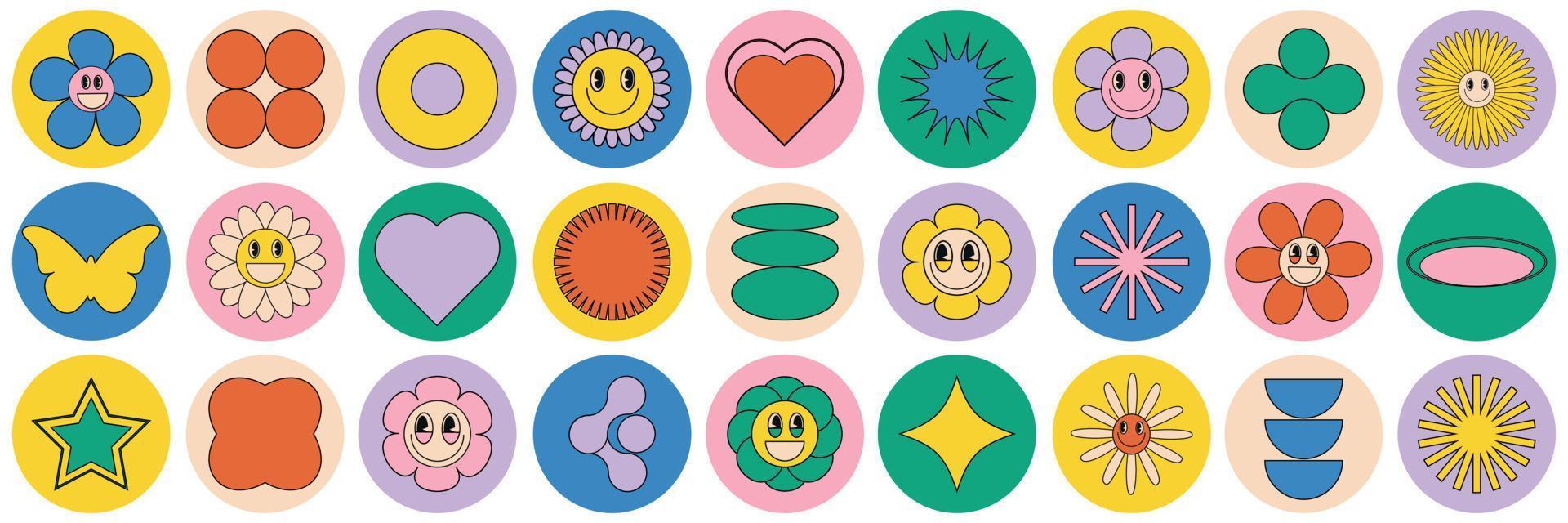 en uppsättning av klistermärken med lekfull färger, abstrakt former och geometrisk former i en trendig tecknad serie retro stil av de 90-tal. vektor