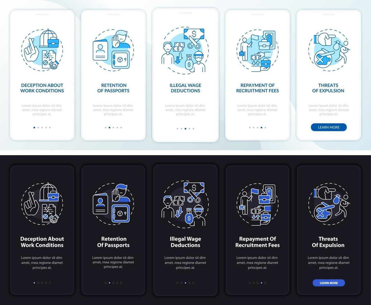 migrerande arbetstagares rättigheter missbruk ombord mobilappsskärm med koncept vektor