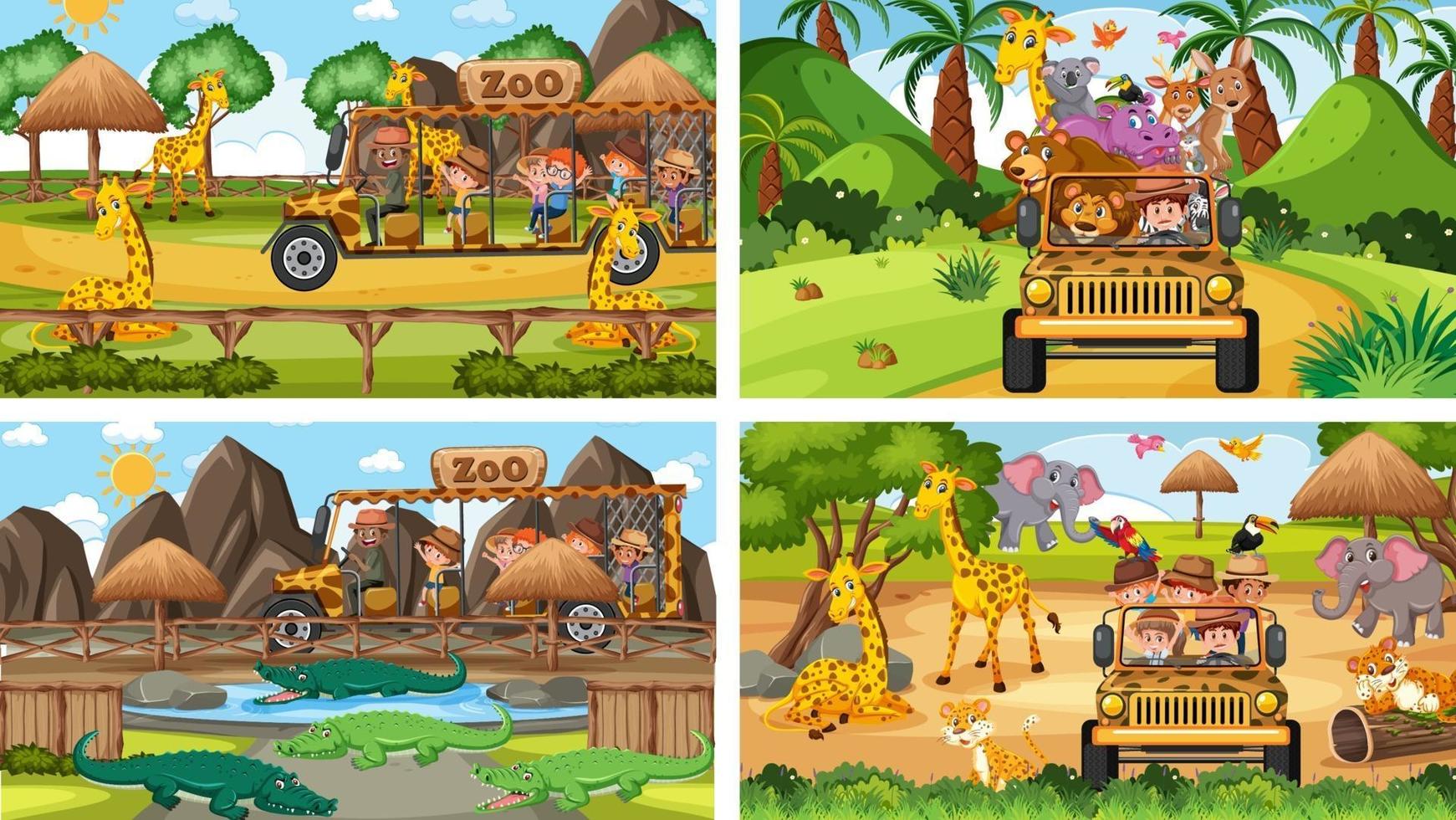 vier verschiedene Zooszenen mit Kindern und Tieren vektor