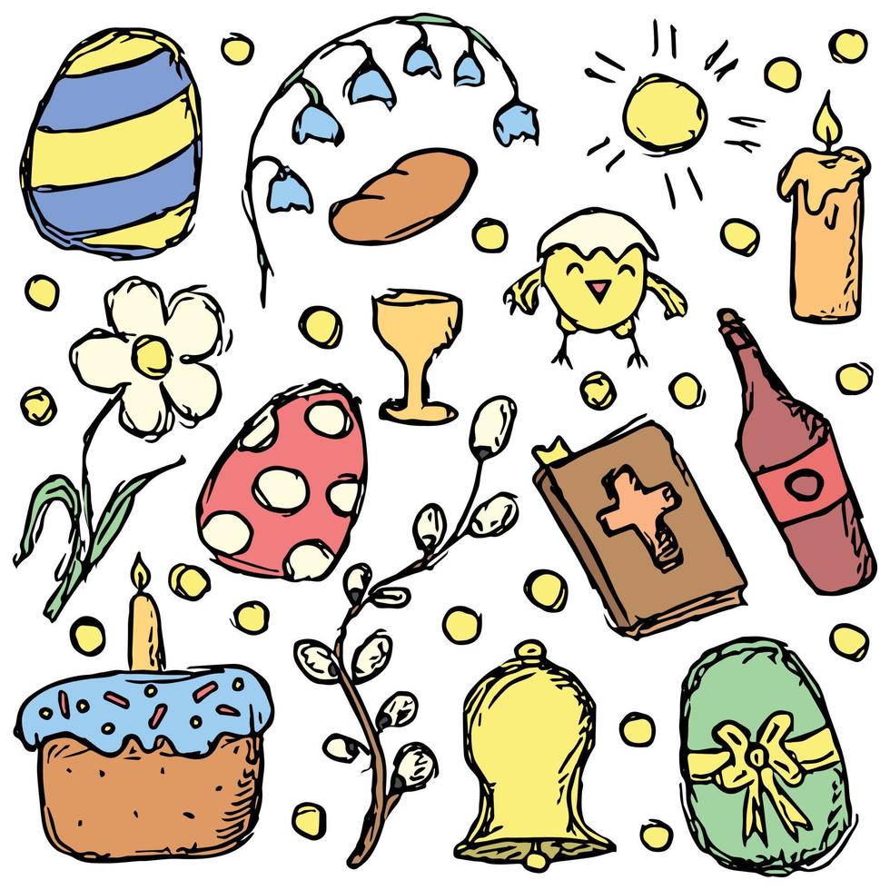 Ostern Symbole. Ostern Hintergrund mit Ostern Ei, Huhn, Wein, Blumen, Ostern Kuchen vektor