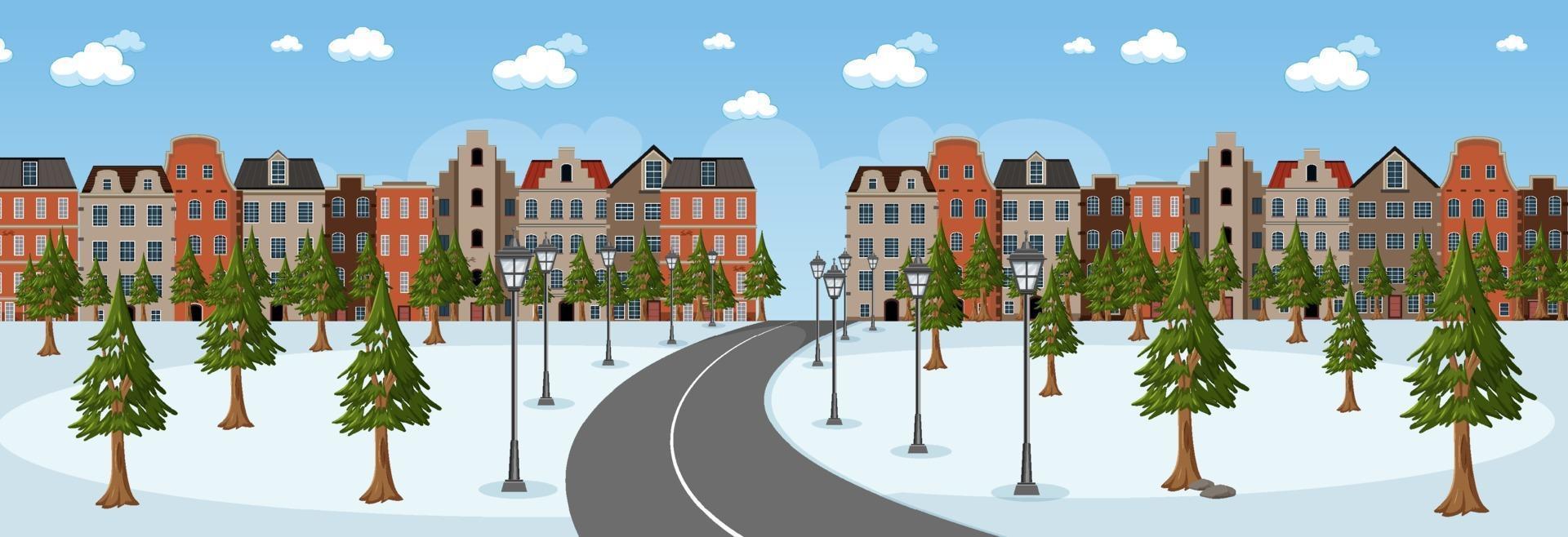 horizontale Szene tagsüber mit langer Straße durch Snowpark in die Stadt vektor