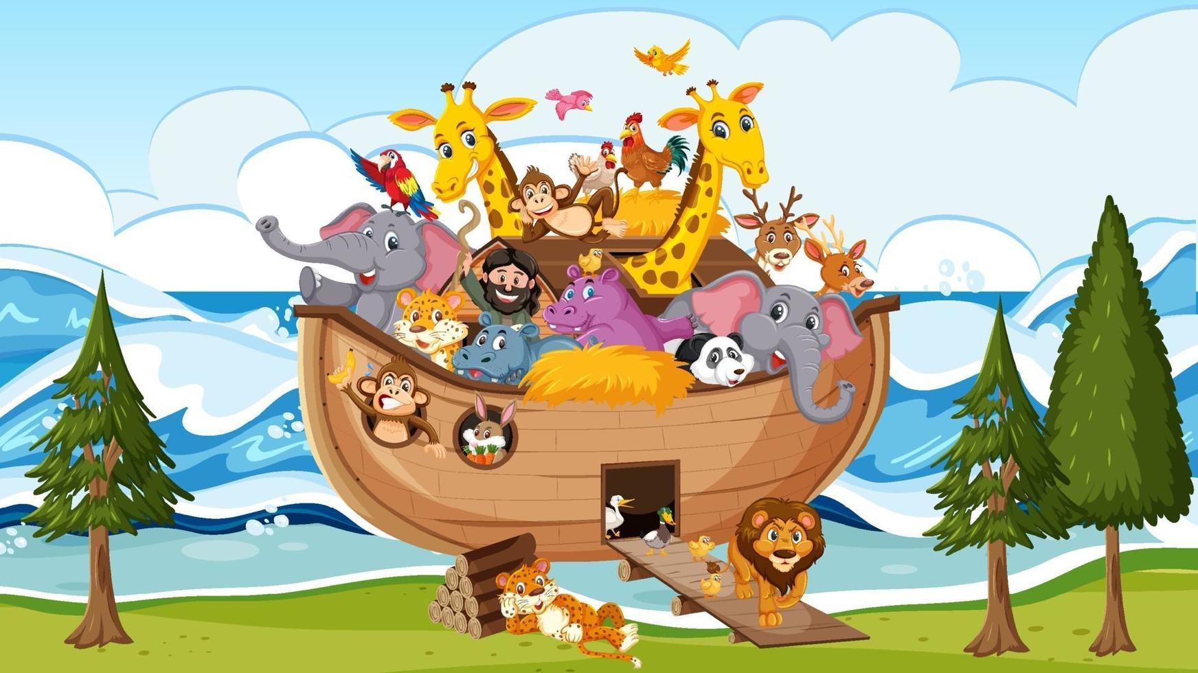 djur på Noah ark flyter i havet scenen vektor