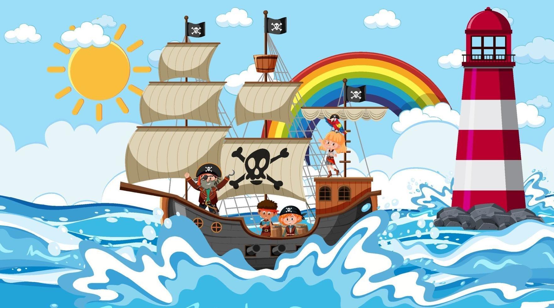 Strand mit Piratenschiff bei Tagesszene im Cartoon-Stil vektor