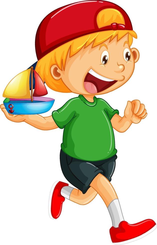 glückliche junge Zeichentrickfigur, die ein Spielzeugschiff hält vektor