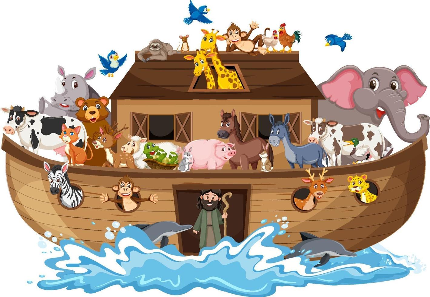 Noahs ark med djur på vattenvåg isolerad på vit bakgrund vektor