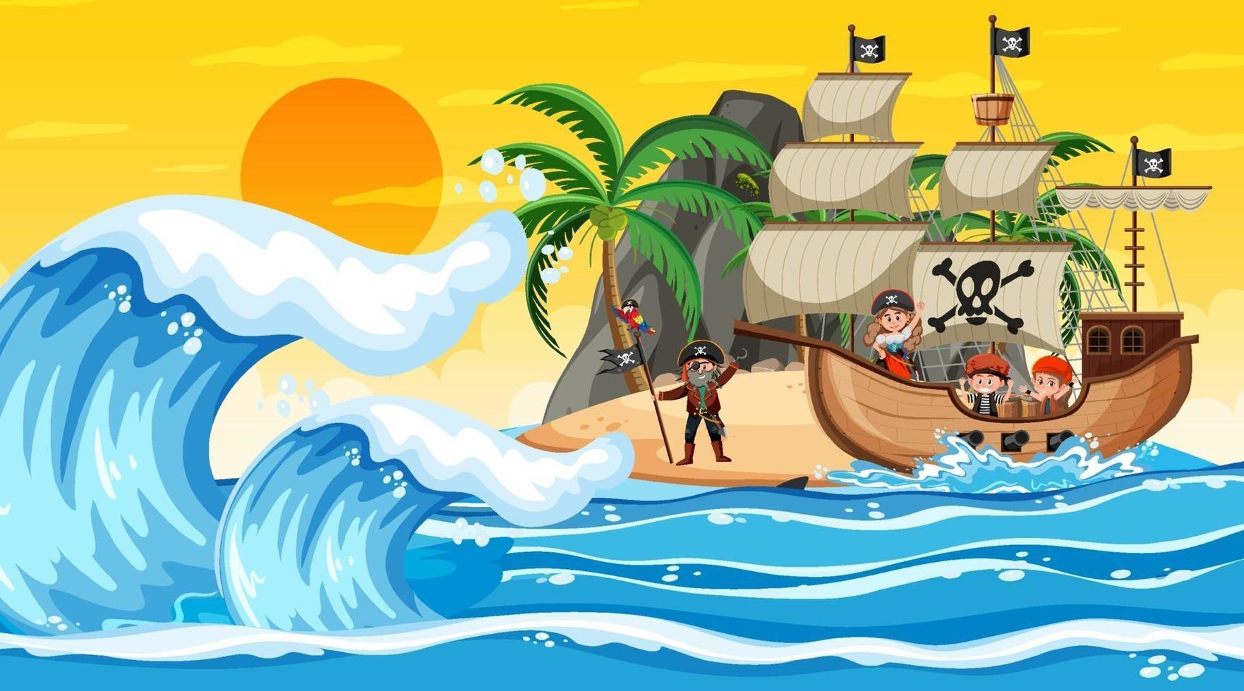 Ozean mit Piratenschiff bei Sonnenuntergangsszene im Karikaturstil vektor