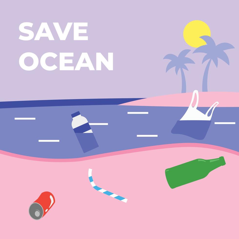 Vektor speichern Ozean Konzept eben Illustration mit Plastik Abfall Verschmutzung auf das Strand