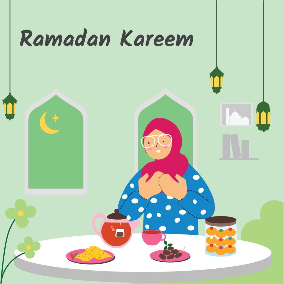 Vektor Muslim Menschen iftar von Ramadan. Illustration Menschen beten zum iftar mit Essen auf das Tisch. Ramadan kareem eben Design