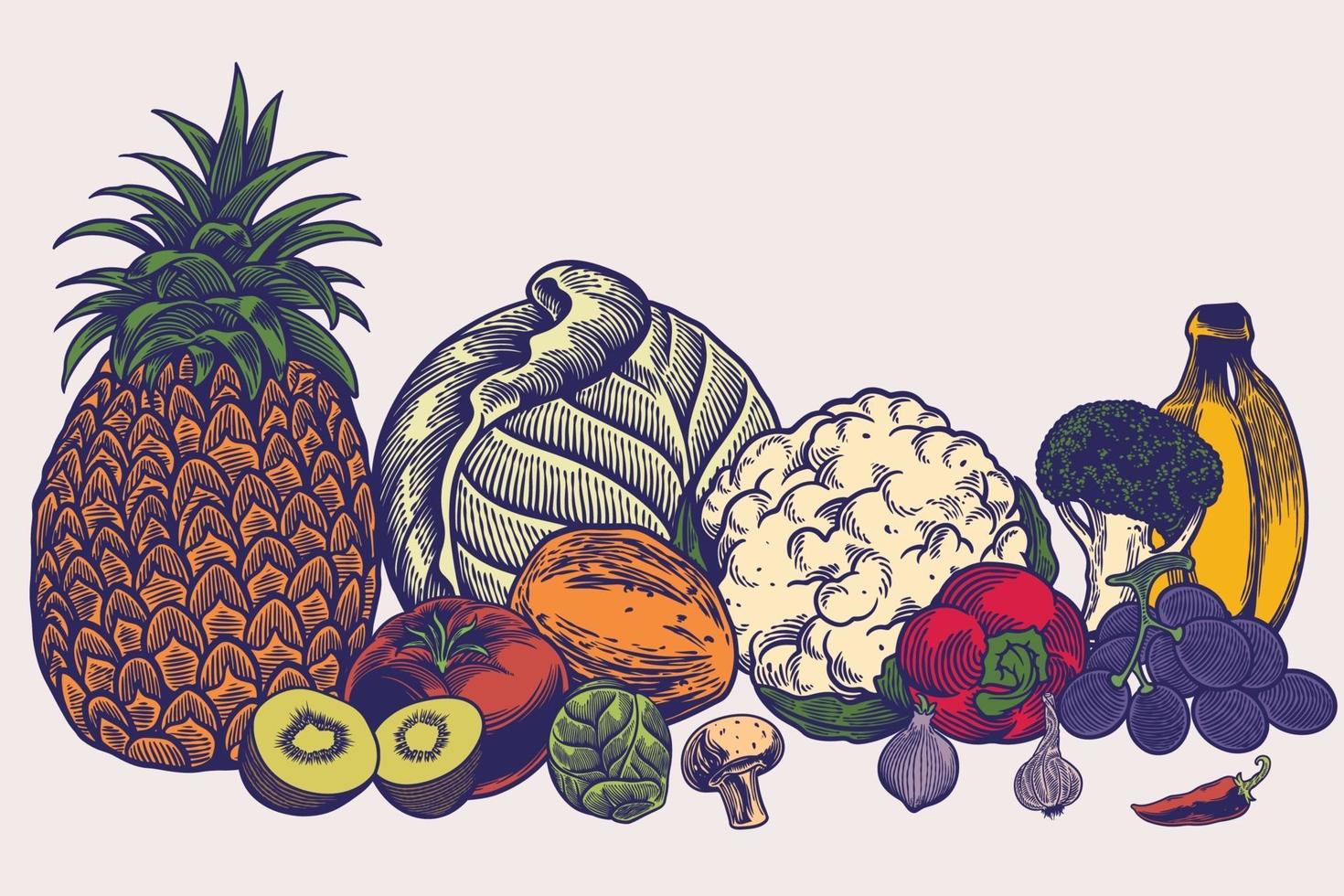 stor samling av handritade skisser mallar mönster av veganer bantning måltid naturlig vegetarisk näring smoothie cocktail spannmål grönsaker frukt. hälsosam livsstil illustration. vektor