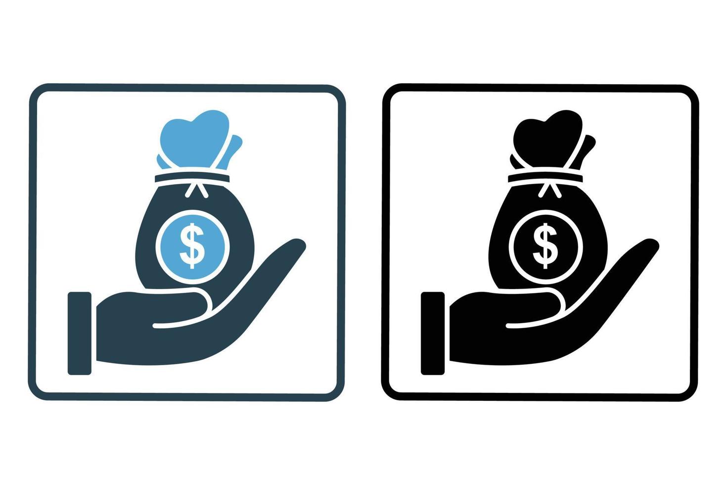 Spende Symbol Illustration. Hand mit Geld Tasche. Symbol verbunden zu Wohltätigkeit. solide Symbol Stil. einfach Vektor Design editierbar