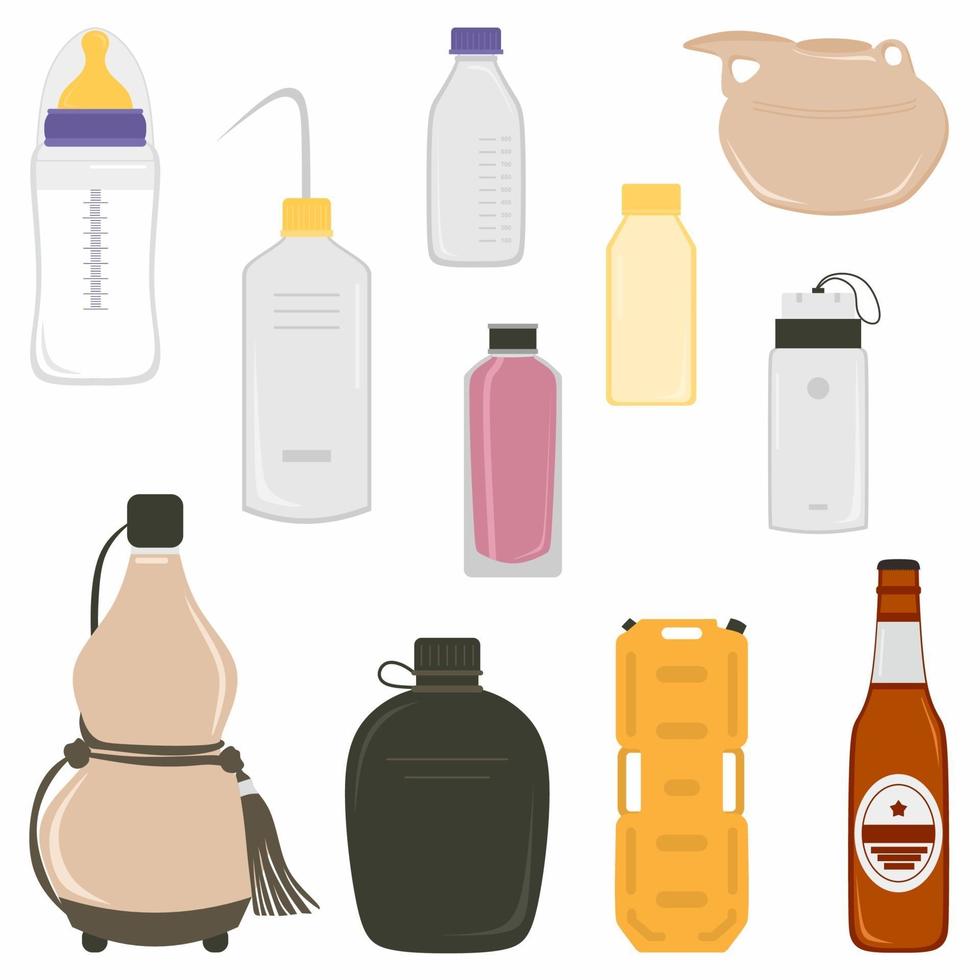 Flasche Wasser in verschiedenen Stilvektorsatzsammlung lokalisiert auf weißem Hintergrund. Babymilchflasche, Bierflasche, Kalebassenflasche, Thermosflasche, Parfümflasche, Kanister, Reagenzflasche usw. vektor