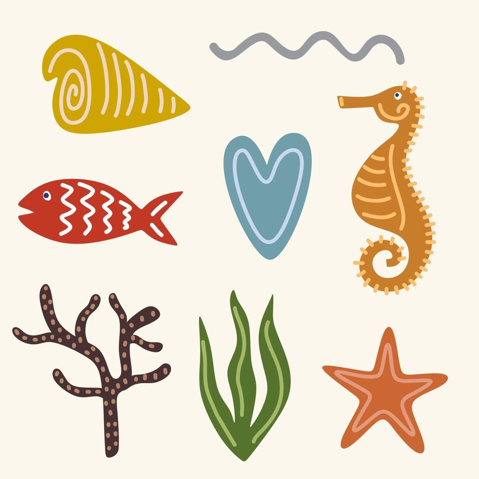 Satz der Fische, Korallen, Seetang, Seesterne, Seepferdchen und andere Bewohner des Ozeans lokalisiert auf weißem Hintergrund. Unterwassertierwelt. Vektor-Zeichentrickfigur. vektor
