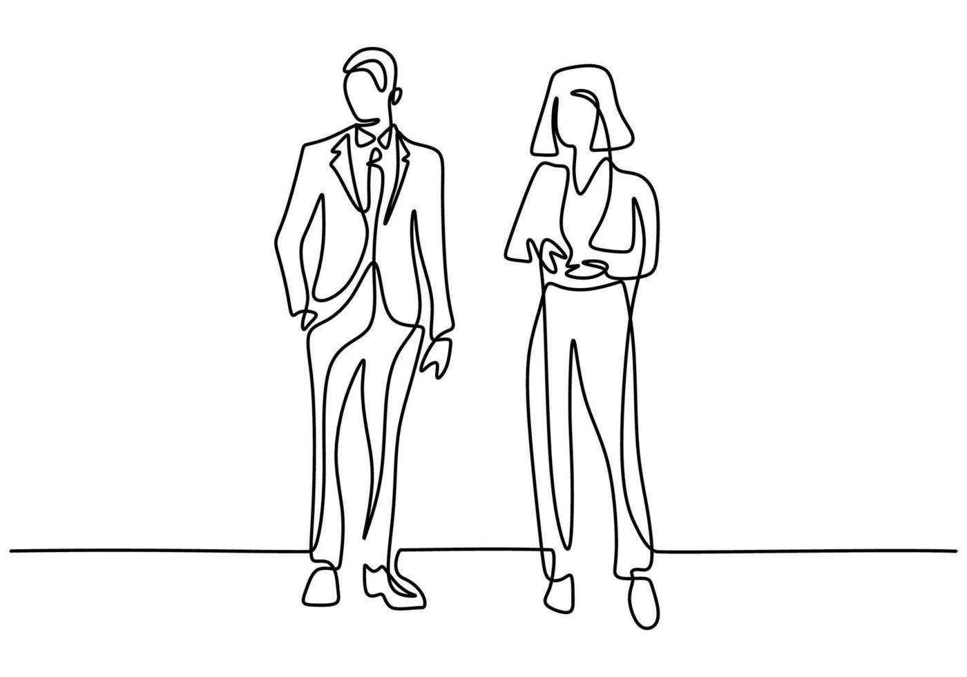 kontinuerlig linje ritning av två affärsmän som står utgör tillsammans. affärsman och affärskvinna som står med mild och säker pose. minimalism design vektor skiss illustration