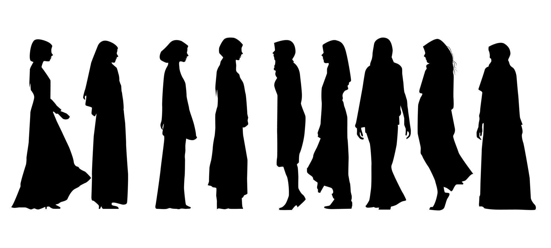 silhuett av muslim hijab kvinna kvinna vektor. uppsättning av silhuett av muslim hijab kvinna kvinna vektor full kropp. silhuett av muslim hijab kvinna kvinna flicka