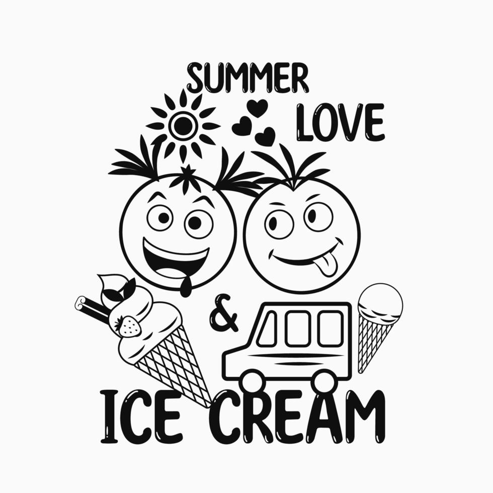 rolig svartvit märka med is grädde kon, mat lastbil, galen emoji kärlek par, text kärlek, sommar, is grädde. enkel minimal stil. vit bakgrund. för grafik, Kläder, t skjorta design vektor