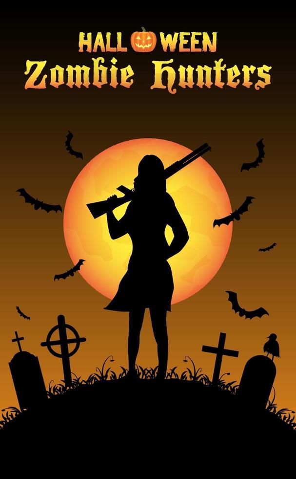 Halloween-Zombiejäger mit Schrotflinte auf dem Friedhof vektor