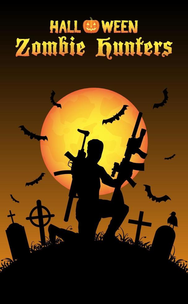 Halloween-Zombiejäger mit Maschinengewehr auf dem Friedhof vektor