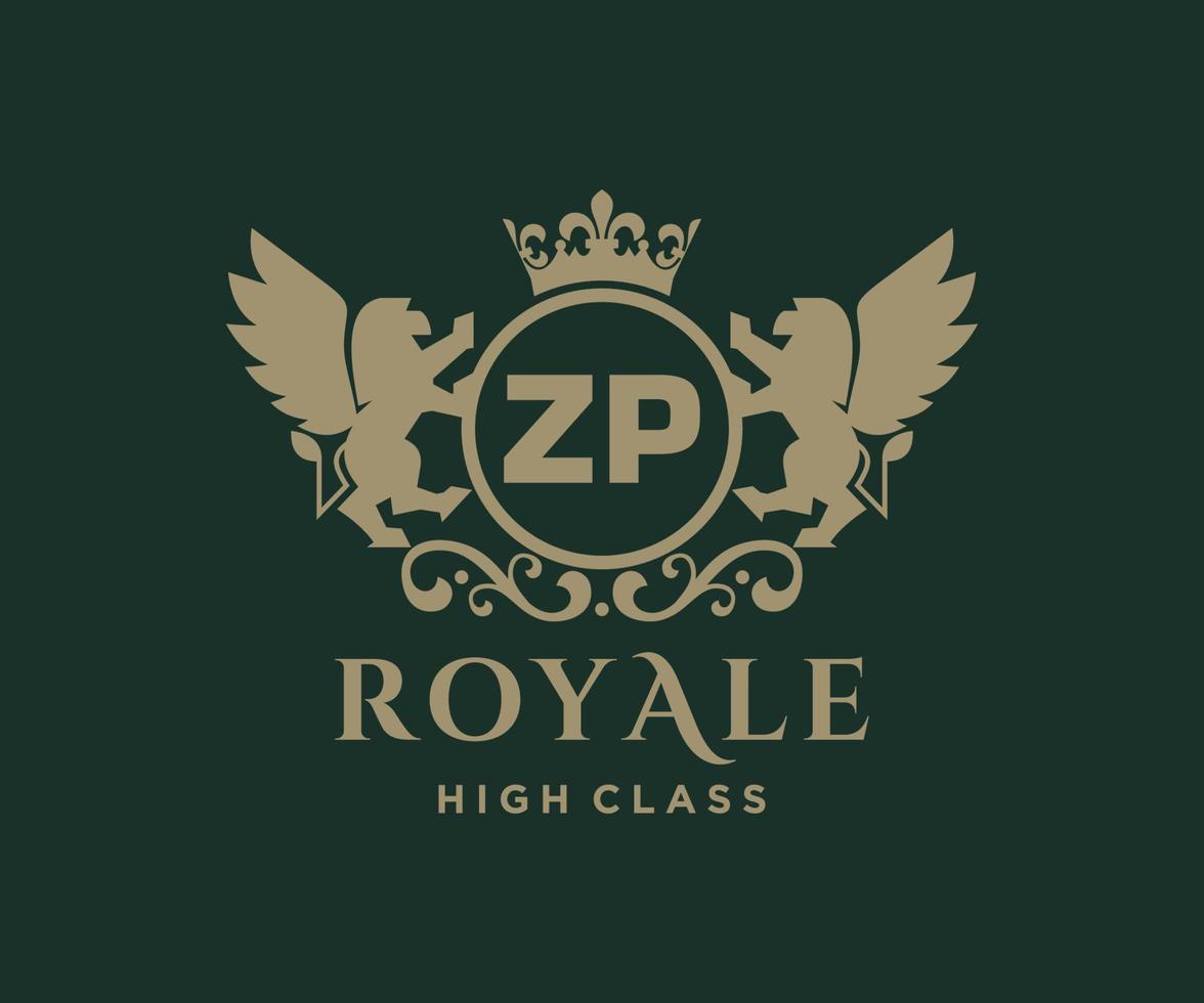 gyllene brev Z P mall logotyp lyx guld brev med krona. monogram alfabet . skön kunglig initialer brev. vektor