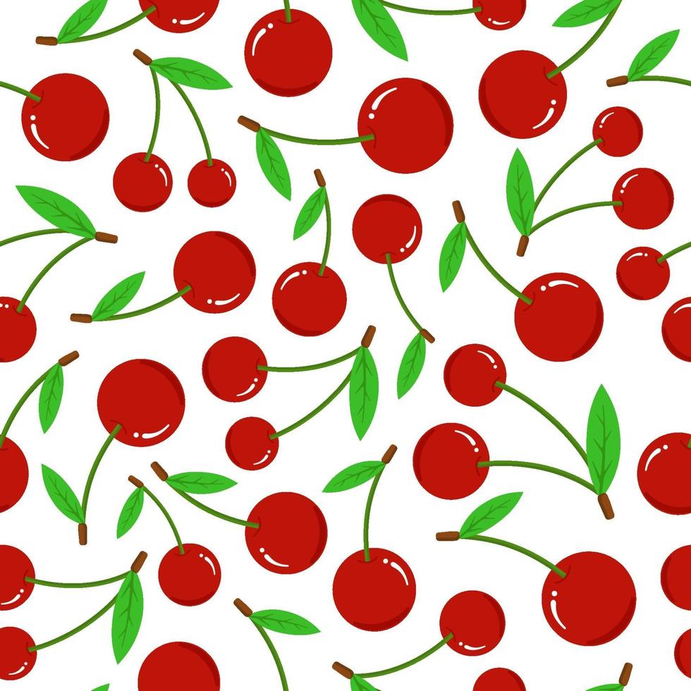 körsbär sömlösa mönster på vit bakgrund. färsk röd bär med gröna blad platt vektorillustration vektor