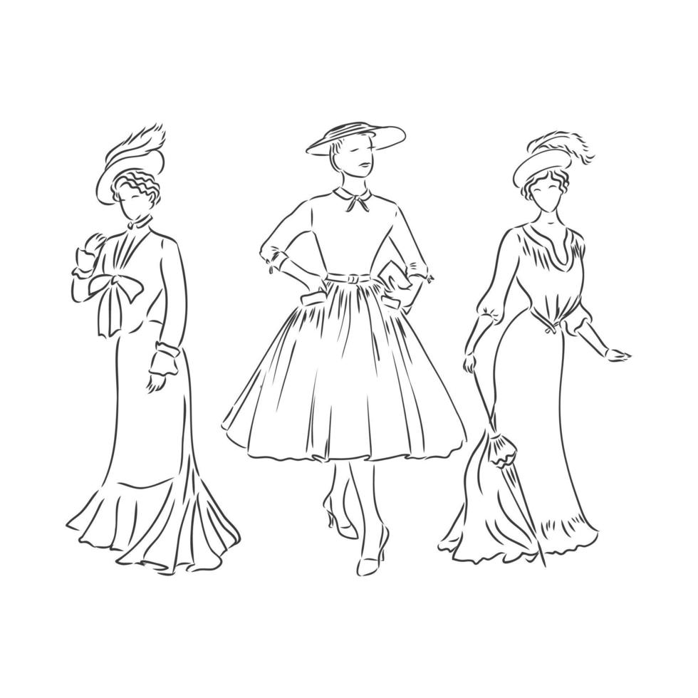 antik gekleidete Dame. alte Mode Vektor-Illustration. viktorianische Frau in historischer Kleidung. Vintage stilisierte Zeichnung, Retro-Holzschnitt-Stil. Retro-Kleid, Vektorskizze auf weißem Hintergrund vektor