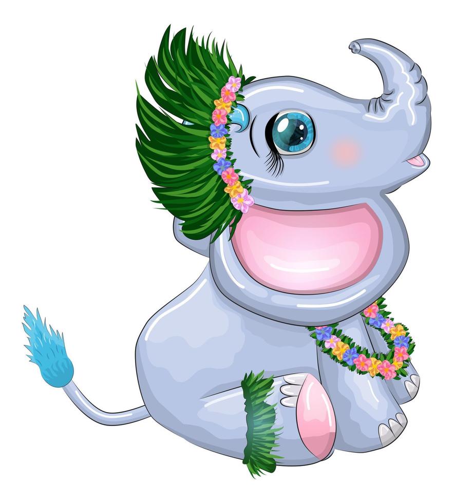 süß Karikatur Elefant, kindisch Charakter mit schön Augen im hawaiisch Kostüm, Strand und Ferien vektor