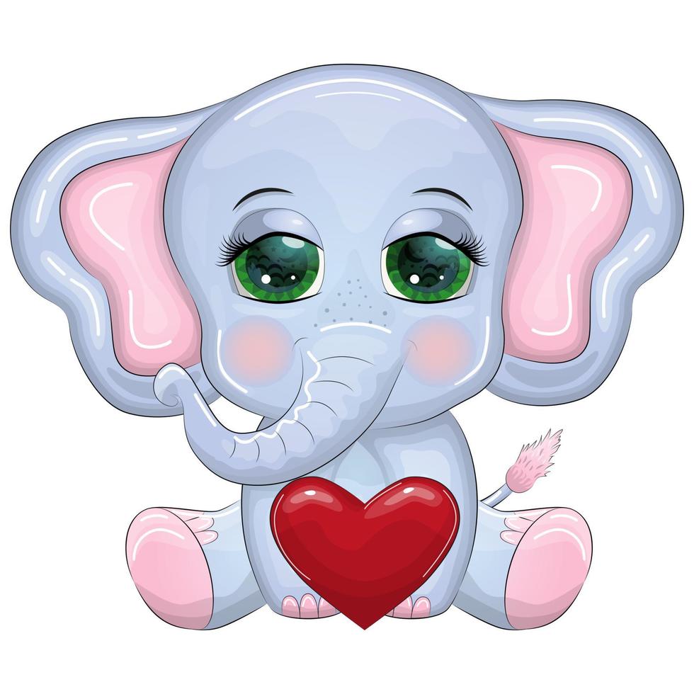 söt tecknad serie elefant, barnslig karaktär med skön ögon med en hjärta. vektor