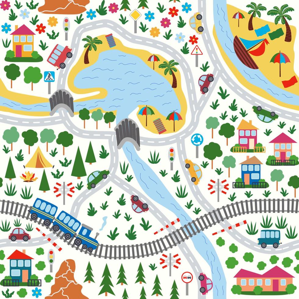 detailliert Kinder- Karte von das Stadt. Autos, Busse und Züge, Häuser und Straßen, Fluss, Wald und Stadt nahtlos kindisch Muster vektor