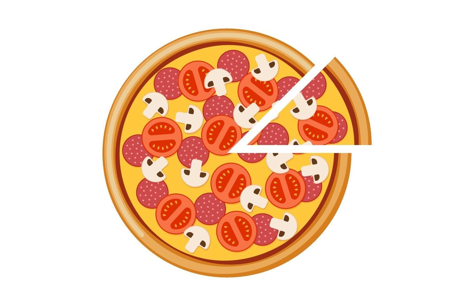 pizza med tomatsvamp salami och ostskivor. italiensk snabbmat måltid isolerad platt vektor eps illustration