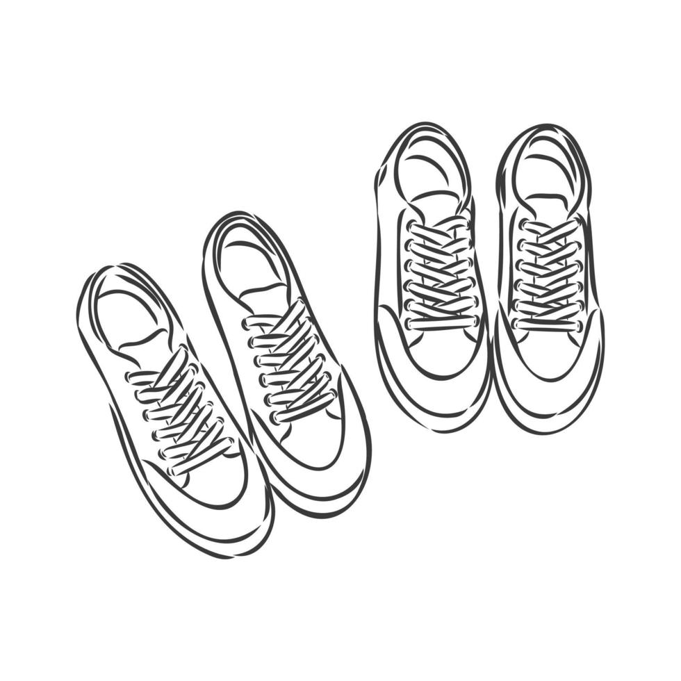 par sneakers på vit bakgrund ritad i skissstil. sneakers hängande på en pinne. vektor illustration. sneakers vektor skiss på en vit bakgrund
