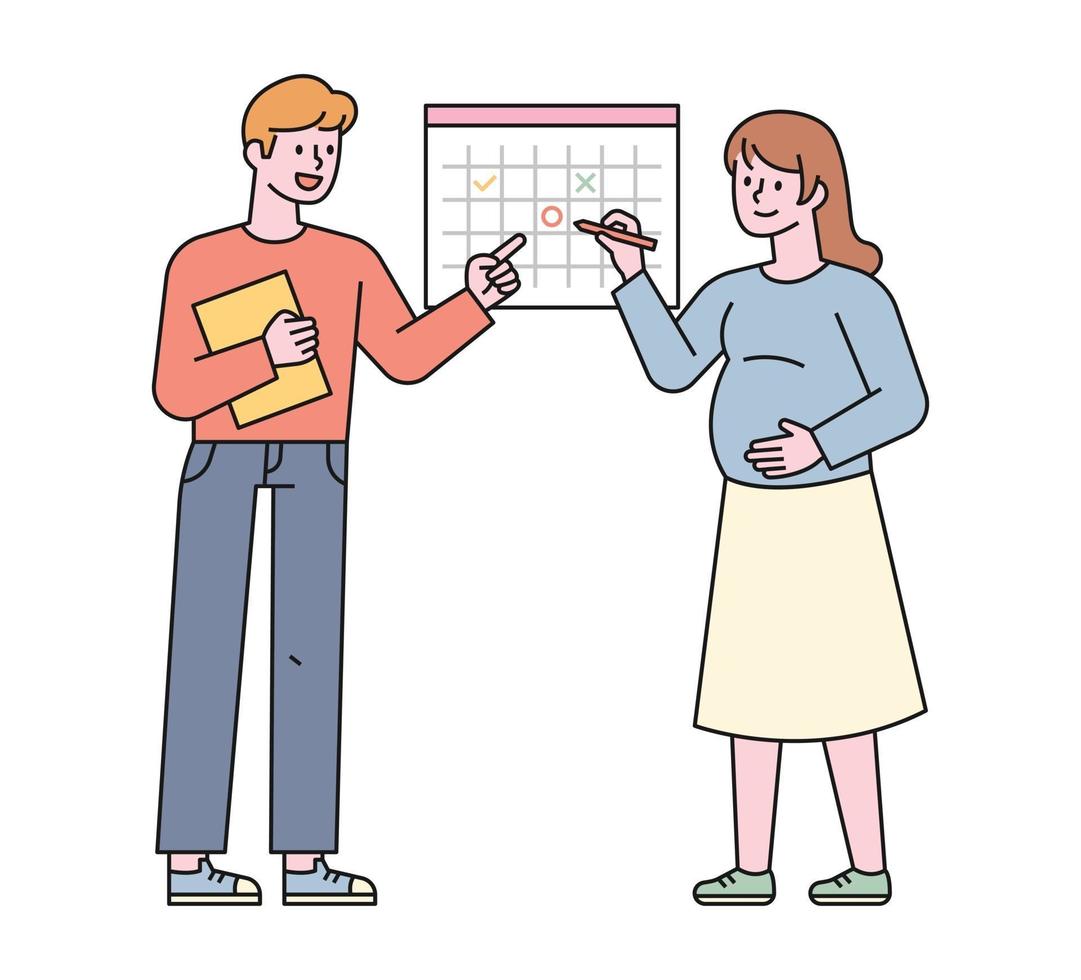 Vater und Mutter markieren das Fälligkeitsdatum im Kalender. flache Designart minimale Vektorillustration. vektor