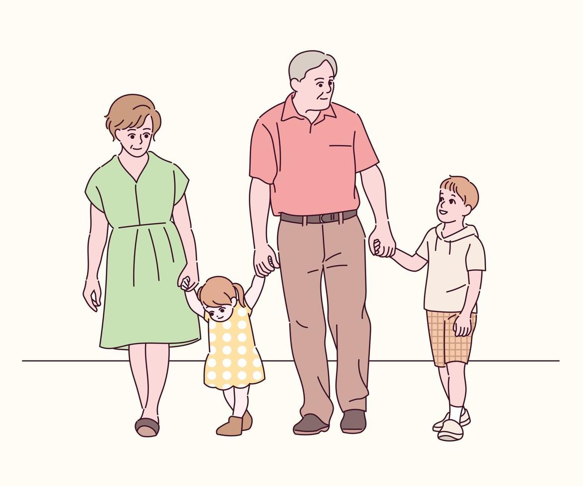 Großvater und Großmutter gehen, indem sie die Hände ihrer Enkel und Enkelin halten. Hand gezeichnete Art Vektor-Design-Illustrationen. vektor