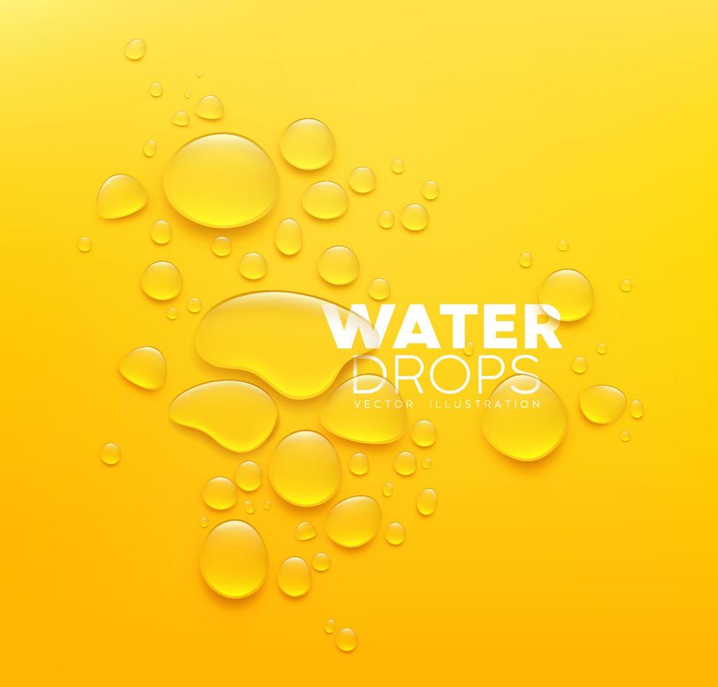Wasser Tropfen realistisch, Poster Design auf Gelb Hintergrund, eps 10 Vektor Illustration