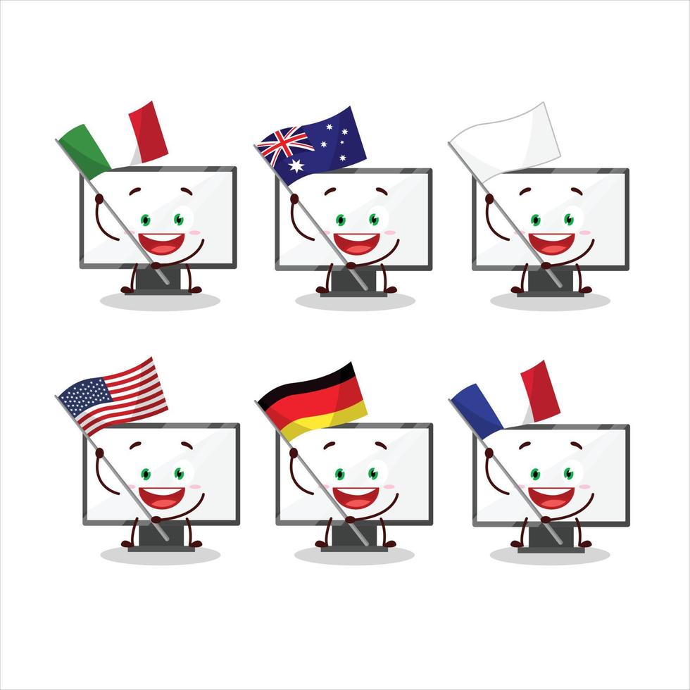 övervaka tecknad serie karaktär föra de flaggor av olika länder vektor
