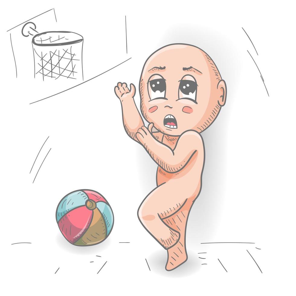 wenig komisch Mann Chibi steht Nächster zu das Ball Farbe Kontur Vektor Illustration im das Stil von Gekritzel