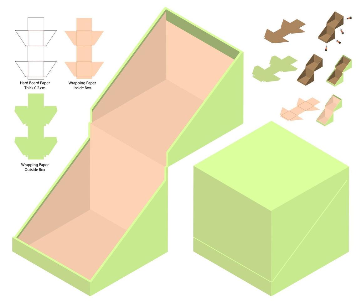 låda förpackning stansad mall design. 3d mock-up vektor