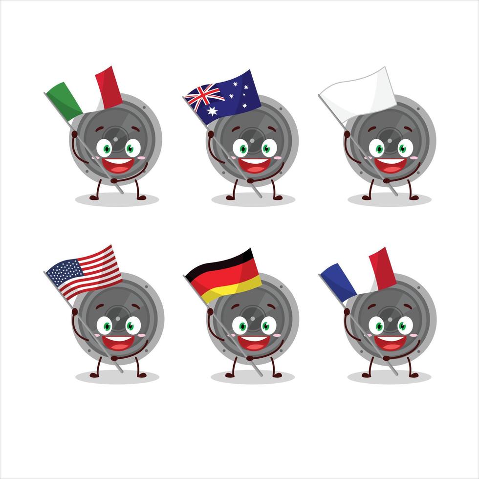Audio- Lautsprecher Karikatur Charakter bringen das Flaggen von verschiedene Länder vektor