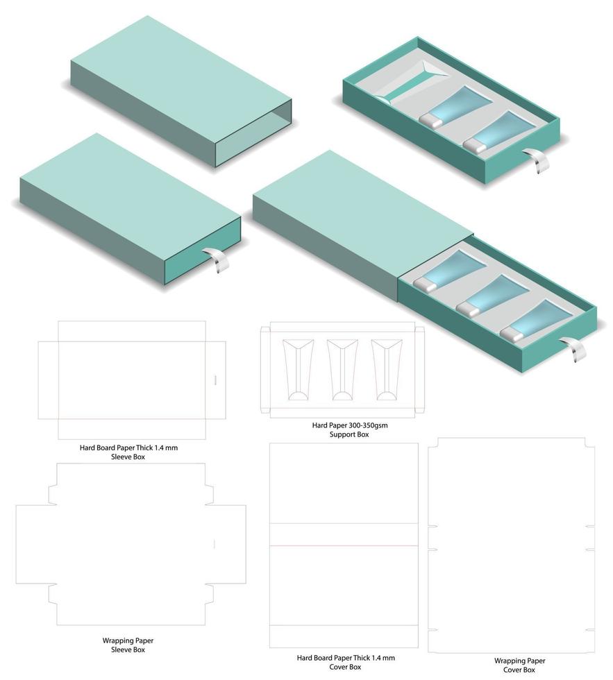 låda förpackning stansad mall design. 3d mock-up vektor