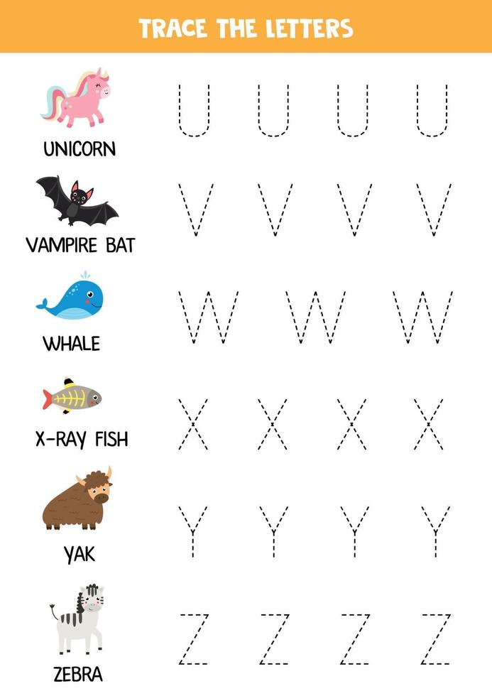 spåra bokstäver i engelska alfabetet med djur. skrivpraxis. vektor
