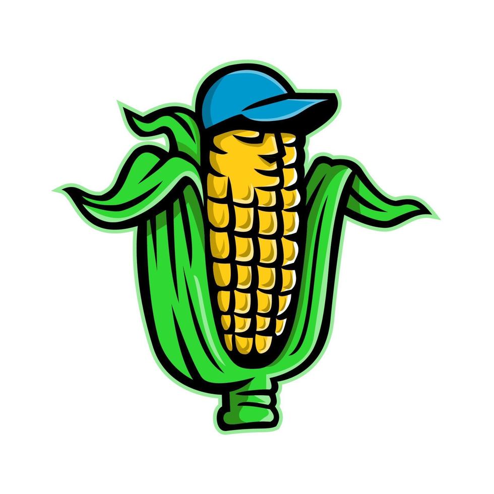 maskotikonillustration av majskolv eller majs, en typ av spannmålskorn, som bär en basebollhatt sett framifrån på isolerad bakgrund i retrostil. vektor