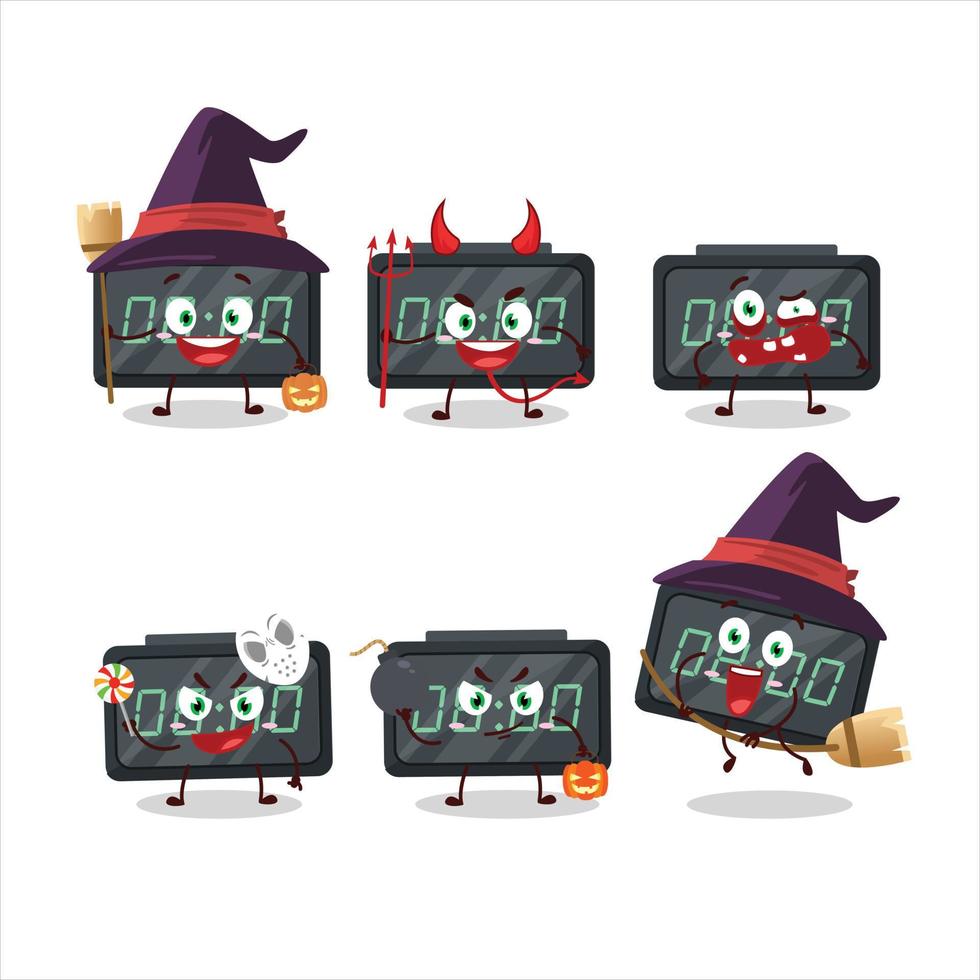 Halloween Ausdruck Emoticons mit Karikatur Charakter von Digital Alarm Uhr vektor