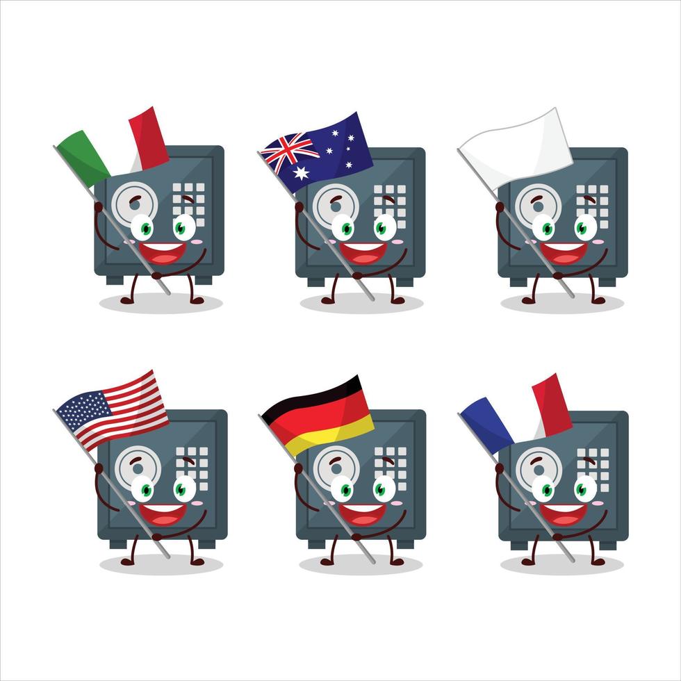 säker deposition låda tecknad serie karaktär föra de flaggor av olika länder vektor