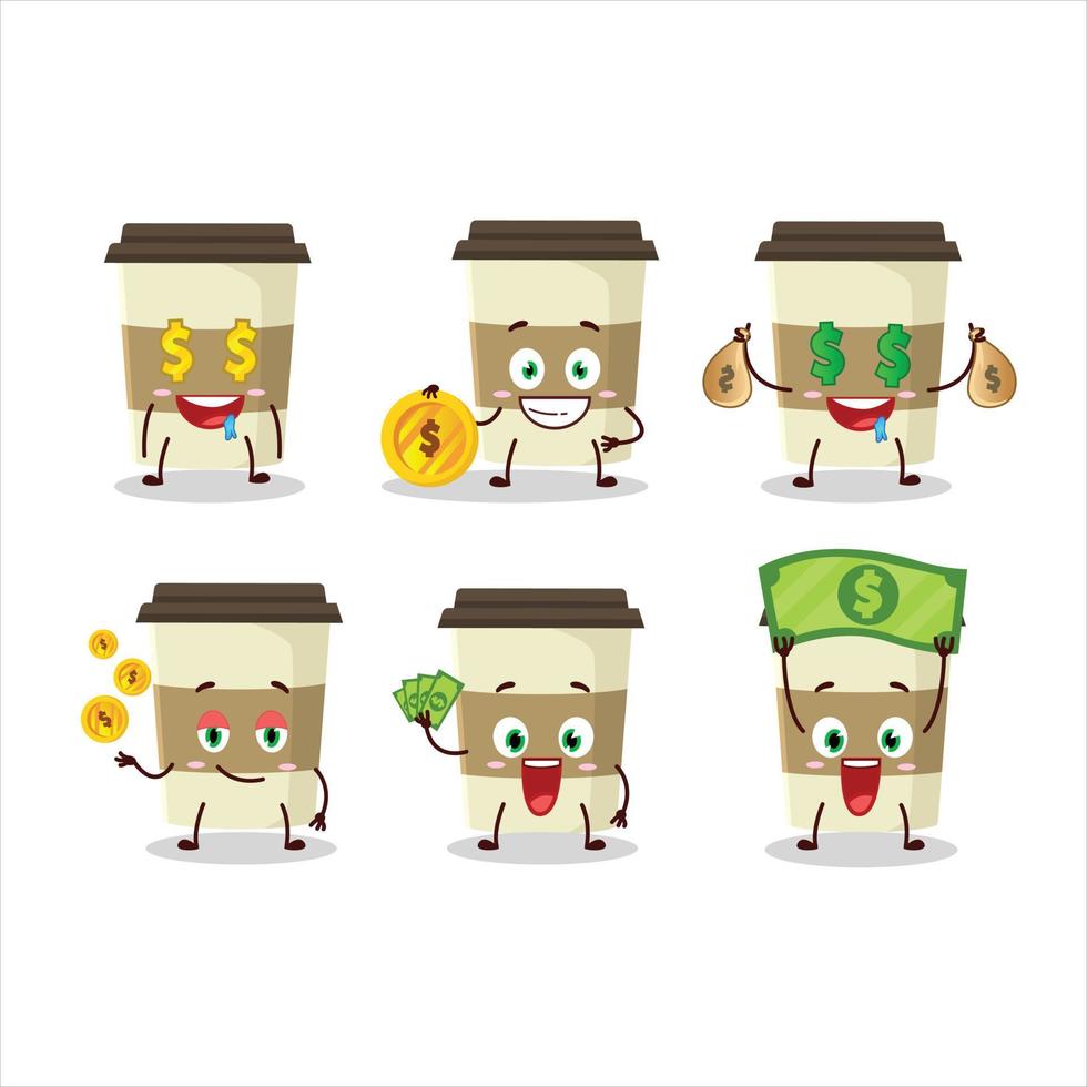 Kaffee Tasse Karikatur Charakter mit süß Emoticon bringen Geld vektor