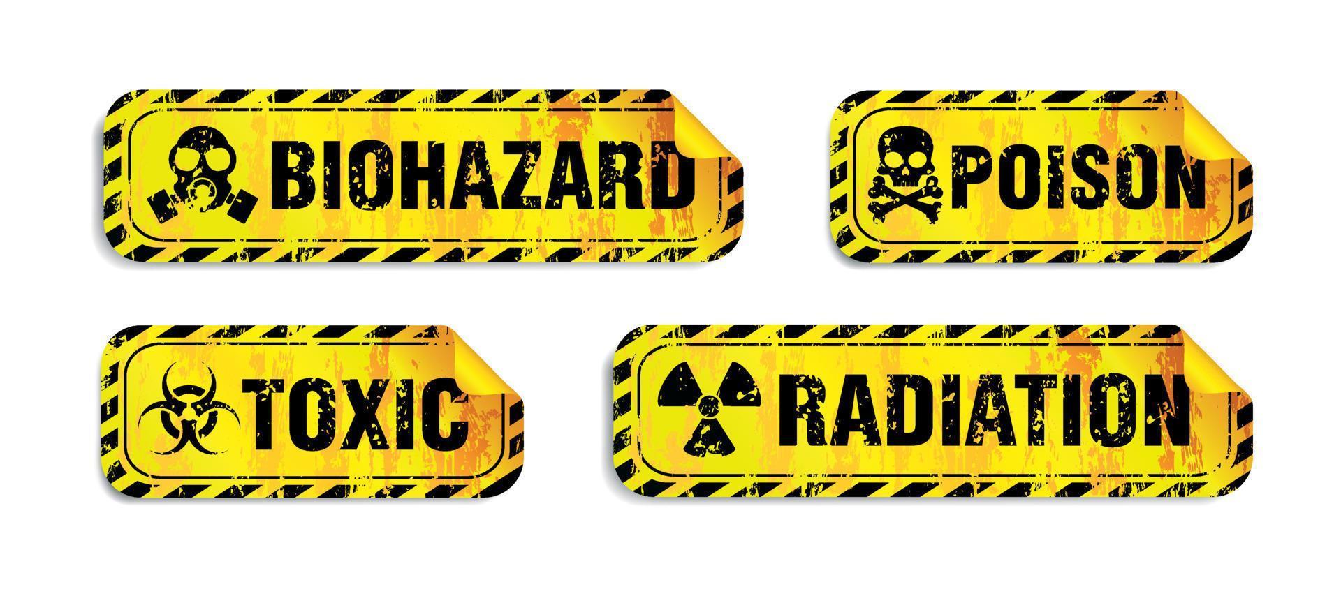 fara tecken gul klistermärken uppsättning i grunge design stil vektor. strålning tecken, biohazard tecken, toxisk tecken, förgifta tecken vektor