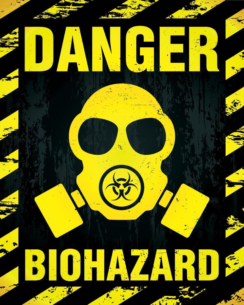 fara biohazard varning märka tecken, gas mask ikon. smittad prov, svart och gul fara symbol med bärs, knaster och rostig texturer vektor