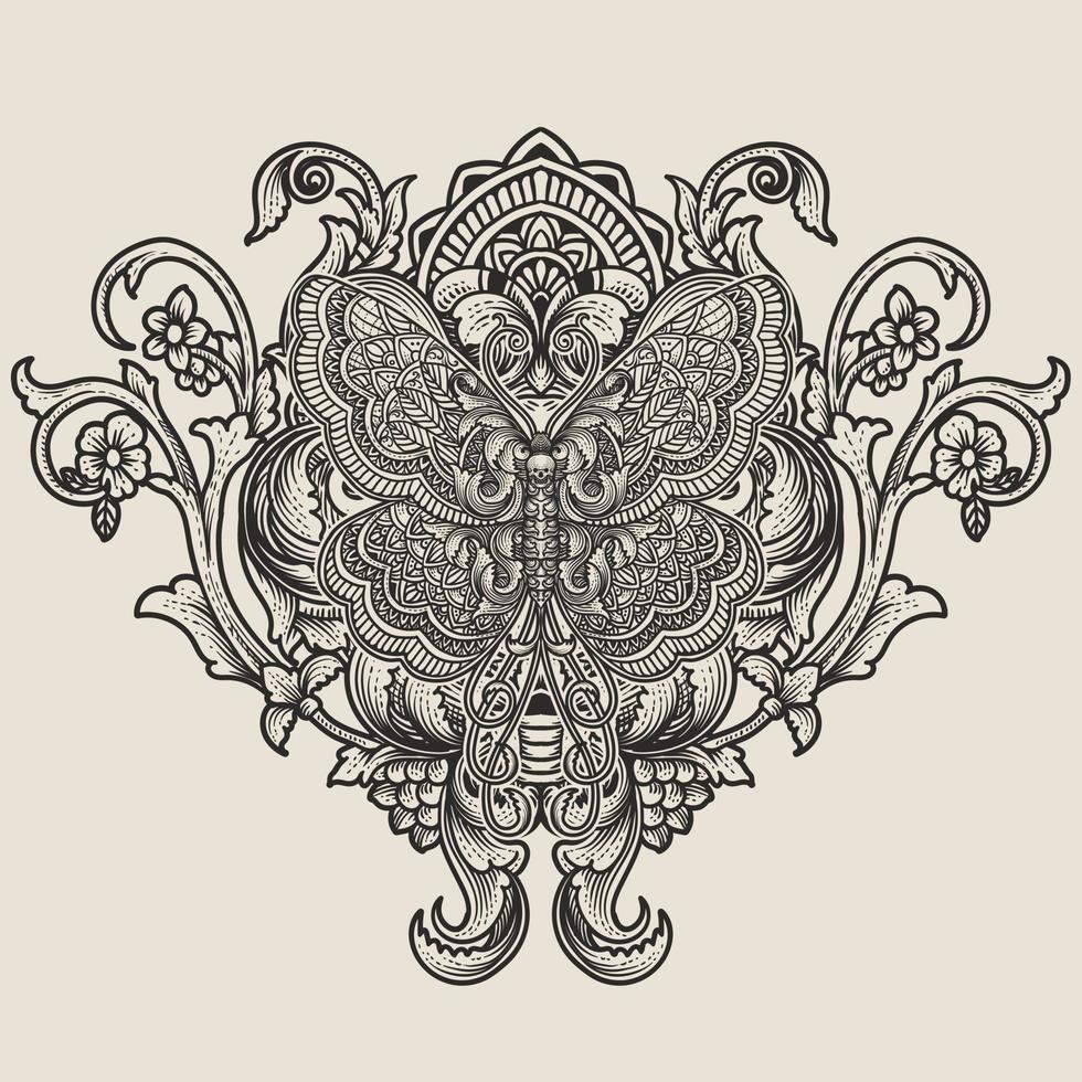 Illustration Vektor Schmetterling Stammes- stilisieren mit Jahrgang Gravur Ornament im zurück perfekt zum Ihre Fan-Shop und t Hemd