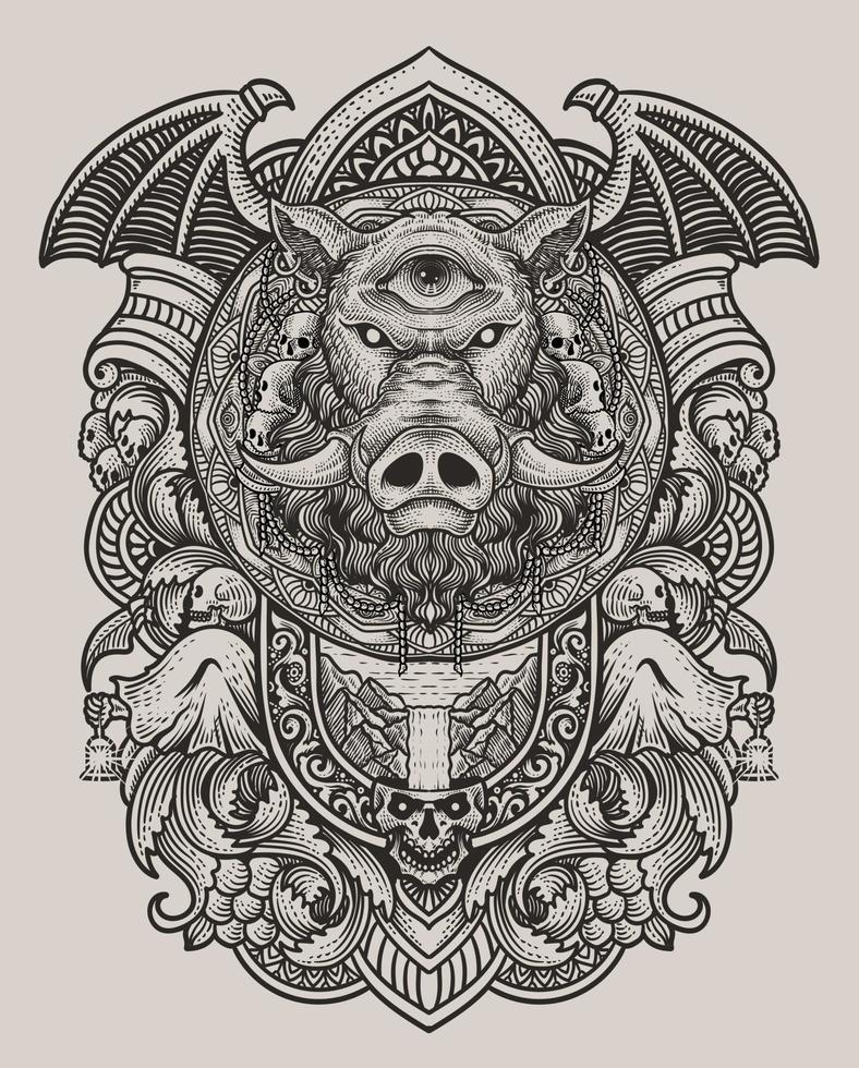 Vektor Illustration. wild Eber Kopf mit zwei Engel Jahrgang Gravur Ornament Stil perfekt zum Ihre Geschäft und t Hemd Fan-Shop